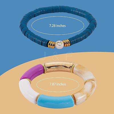 10Pcs 10 Style Handmade Polymer Clay Heishi Beaded Stretch Bracelets Set with Heart BJEW-SW00036-03-1
