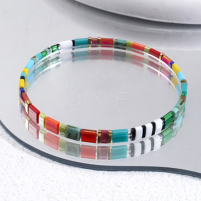 Boho Rainbow Glass Tile Tube Beaded Stretch Bracelets for Women MR7920-1