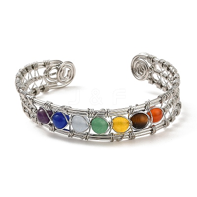 Natural Mixed Gemstone Round Beaded Open Cuff Bangle BJEW-F459-01M-1