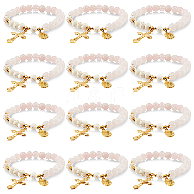 Natural Rose Quartz & Synthetic Turquoise Round Beaded Stretch Bracelet BJEW-PH01531-01-1