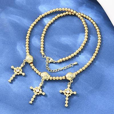 Brass Micro Pave Clear Cubic Zirconia Cross Pendant Round Beaded Bib Necklaces for Women NJEW-F364-04G-1