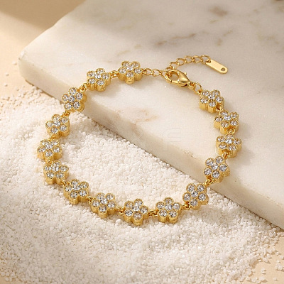 304 Stainless Steel Pave Clear Cubic Zirconia 5-Petal Flower Link Chain Bracelets for Women WG9E91A-02-1