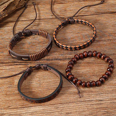4Pcs 4 Styles PU Imitation Leather Braided Bracelets Sets BJEW-CL0001-13A-1