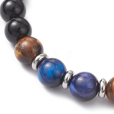Natural Black Onyx & Tiger Eye & Rainbow Tiger Eye Beaded Stretch Bracelets for Women BJEW-JB12902-1