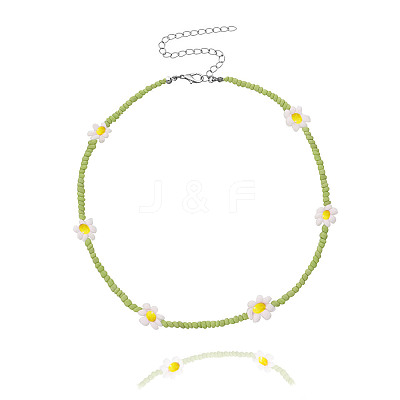 Bohemian Daisy Flower Glass Seed Beaded Necklaces with Alloy End Chains FS-WGC49A6-15-1
