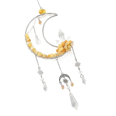 Moon Natural Topaz Jade & 304 Stainless Steel & Brass Suncatchers HJEW-TA00488-03-1