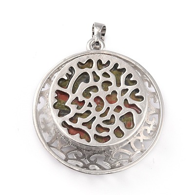 Natural Unakite Pendants with Hollow Platinum Brass Findings G-P448-A09-P-1