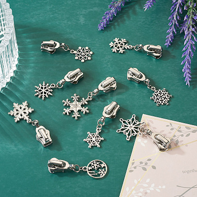 18Pcs 9 Styles Alloy Replacement Zipper Head with Snowflake Tibetan Style Alloy Pendants PALLOY-TAC0158-1