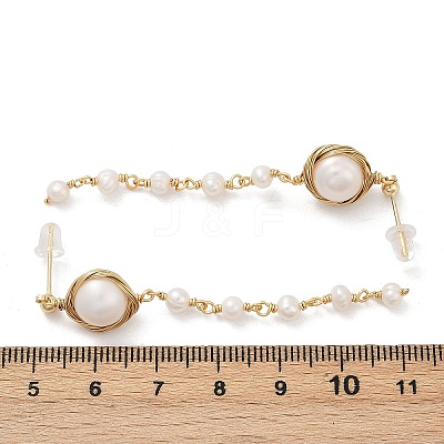 Round Brass Natural Freshwater Pearl Tassel Stud Earrings EJEW-U072-02G-1