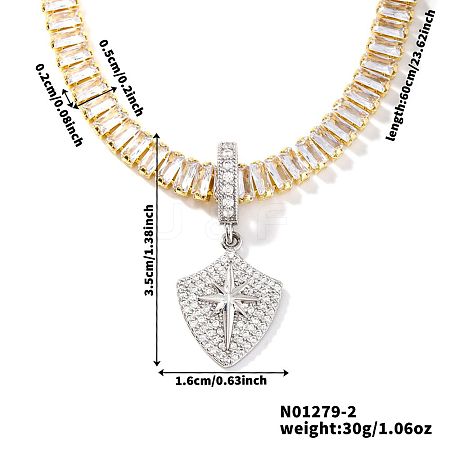 Fashionable Rock Hip-hop Style Brass Pave Clear Cubic Zirconia Shield with Star Pendant Tennis Necklaces for Men VV4192-2-1