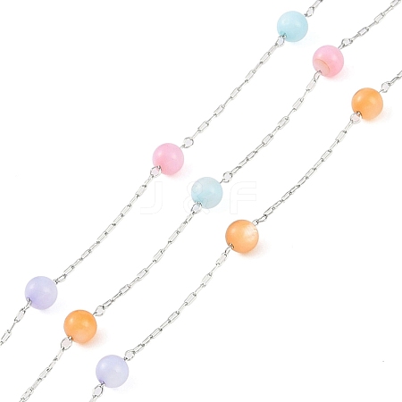 304 Stainless Steel & Dyed Shell Handmade Round Beads Chain CHS-H028-04B-01-1