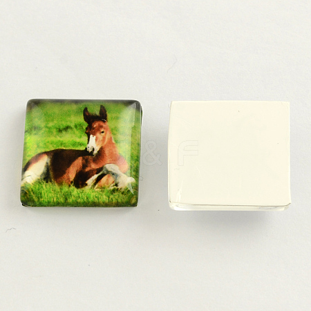Horse Pattern Glass Square Cabochons GGLA-S022-20mm-27A-1