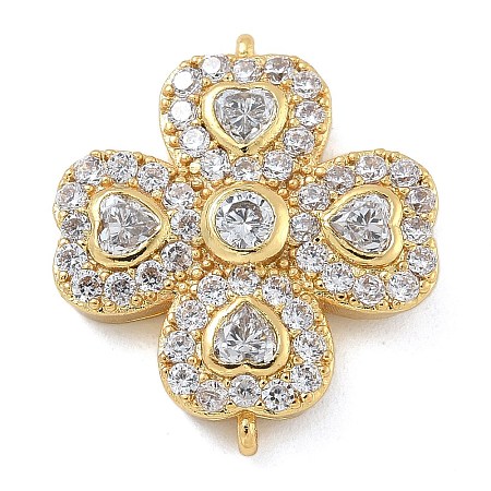 Rack Plating Brass Clear Cubic Zirconia Clover Connector Charms KK-A234-037G-1