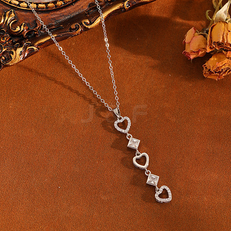 Brass Pave Clear Cubic Zirconia Heart Tassel Long Pendant 304 Stainless Steel Cable Chain Necklaces for Women WGA7C59-04-1
