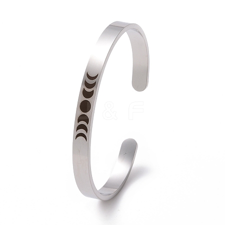 Non-Tarnish 304 Stainless Steel Moon Phase Open Cuff Bangle for Men Women BJEW-H551-01P-1