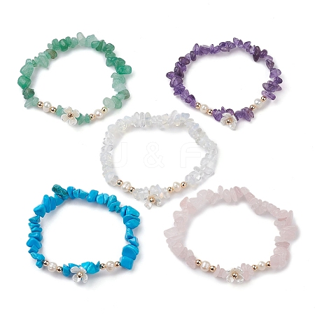 Mixed Gemstones Chip Beaded Plastic Flower Stretch Bracelets BJEW-JB10205-1