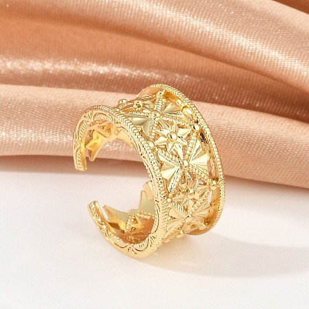 Star Pattern Hollow Brass Open Cuff Rings for Women RJEW-G343-06G-1