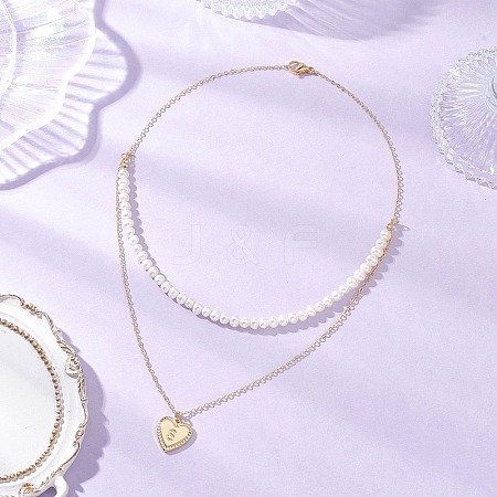 Natural Cultured Freshwater Pearl Potato Beaded Brass Heart with Letter Pendant Double Layer Necklaces NJEW-JN05392-03-1