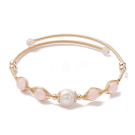 Natural Rose Quartz Round Beaded Cuff Bangle BJEW-JB10113-02-1