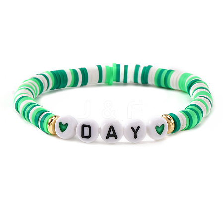 Flat Round with Heart & Word Day Brass & Polymer Clay Heishi Beads Stretch Bracelets for Women BK9964-20-1