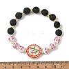 2Pcs 2 Colors Handmade Printed Porcelain Floral Flat Round & Round Natural Lava Rock Beaded Stretch Bracelet Sets BJEW-JB14186-5