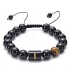 10MM Natural Black Onyx(Dyed & Heated) and Tiger Eye Alphabet Round Braided Bead Adjustable Bracelets for Women DM6424-9-1