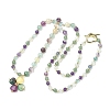 Saint Patrick's Day Natural Fluorite Clover Pendant Round Beaded Necklaces with Brall Heart OT Clasps NJEW-G202-02G-02-4