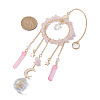 Natural Rose Quartz Chip Pendant Decorations with Brass Moon & Cable Chain & Electroplated Quartz Crystal Tassel HJEW-JM01650-04-3