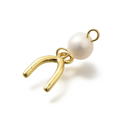 Brass & Natural Pearl U Shaped Pendants KK-Z093-38G-1
