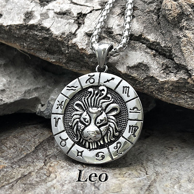 Flat Round with Engraved Twelve Constellation Alloy Pendant Necklace for Women Men WG25F4B-04-1