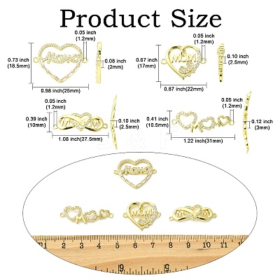 4Pcs 4 Styles Heart Brass Micro Pave Clear Cubic Zirconia Connector Charmss KK-CJ0005-73-1
