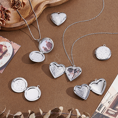 12Pcs 2 Styles Stainless Steel Round Locket Pendants STAS-GA0002-05-1
