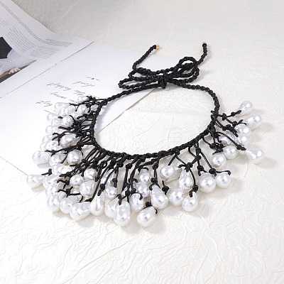 Plastic Baroque Pearl Nuggets Beads Tassel Woven Black Waxed Cord Bib Necklaces for Women FS-WG578A2-01-1