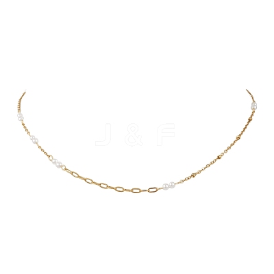 304 Stainless Steel with White Round Shell Pearl Handmade Link Chain Necklaces NJEW-JN05990-1