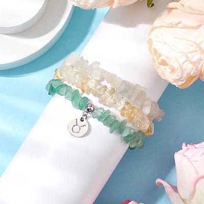 3Pcs 3 Styles Natural White Moonstone & Citrine & Green Aventurine Chips Stretch Bracelets Sets BJEW-JB11076-04-1