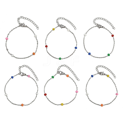 304 Stainless Steel Cable Chain Bracelet with Enamel Rondelle Beaded BJEW-G683-02P-01-1