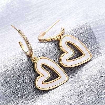 Heart Brass Micro Pave Clear Cubic Zirconia Dangle Stud Earrings KK-D363-12C-G-1