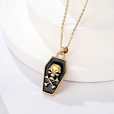 Halloween Theme 304 Stainless Steel Black Enamel Coffin with Skull Pendant Necklaces for Men LS-NJEW-Z090-01G-1
