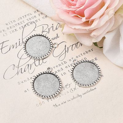 Tibetan Style Antique Silver Alloy Flat Round Pendant Cabochon Settings TIBEP-M022-38AS-1