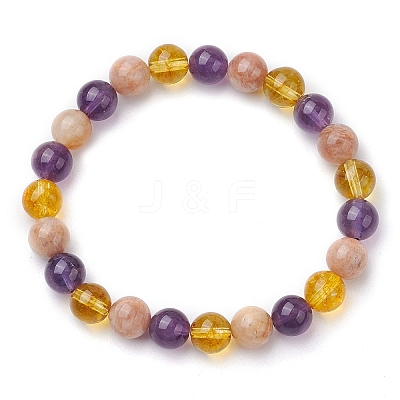 Natural Quartz Crystal & Amethyst & Sunstone Beaded Stretch Bracelets for Women BJEW-TA00552-1