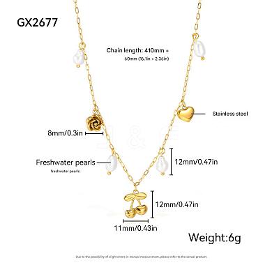 304 Stainless Steel & Imitation Pearl Cherry Heart Flower Pendant Bib Necklaces for Women FS-WG0B26B-01-1