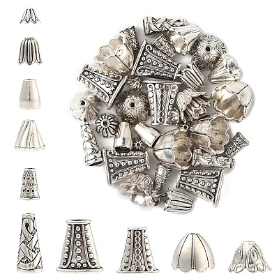 50Pcs 10 Style Tibetan Style Alloy Multi-Petal Bead Caps TIBE-YW0001-77-1