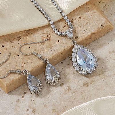 Brass Rhinestone Teardrop Dangle Earrings & Pendant Necklaces Sets for Women AT5117-1-1