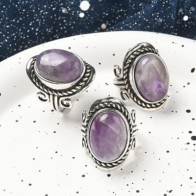 Natural Amethyst Adjustable Rings RJEW-I108-01AS-14-1