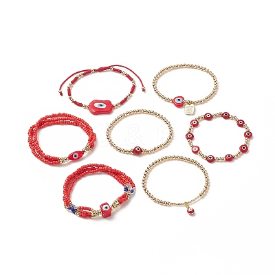 7Pcs 7 Style Evil Eye Lampwork & Glass Seed & Brass Beaded Stretch Bracelets Set for Women BJEW-JB09249-01-1