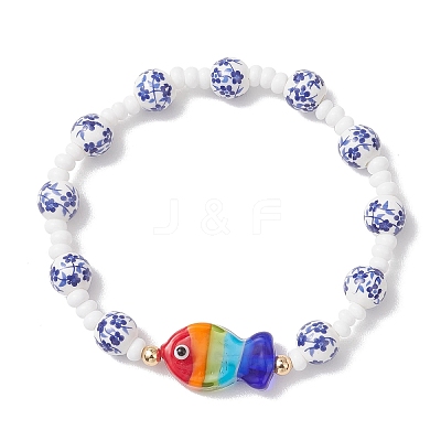 Handmade Flower Printed Porcelain Ceramic Glass Beaded Bracelets for Women BJEW-MZ00292-1