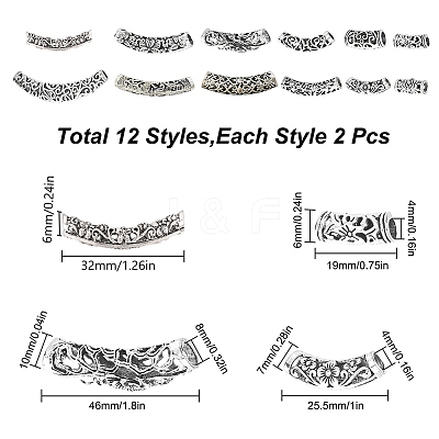 24Pcs 12 Style Tibetan Style Alloy Curved Tube Beads FIND-SC0002-98-1