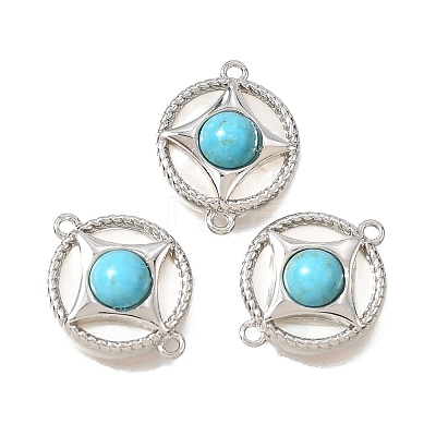Synthetic Turquoise & Natural Shell Brass Flat Round Links Connector Charms KK-N289-16P-02-1