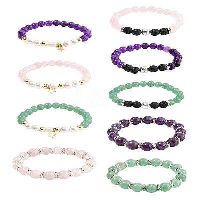 9Pcs 3 Colors Round Natural Gemstone Beads Stretch Bracelets BJEW-FS00017-1