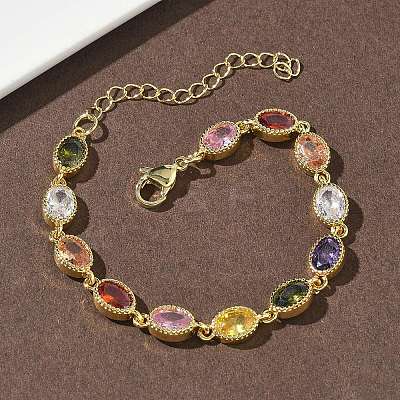 Oval Brass Pave Cubic Zirconia Link Chain Bracelets for Women BJEW-P385-02G-1